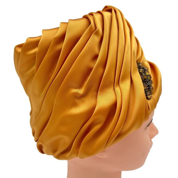 Eva Mae Modes Hat Headpiece Vtg 60s Pleated Satin Gold Box Style Formal Brooch - Picture 2 of 13